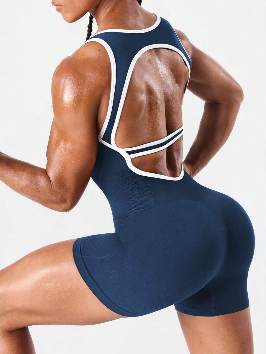 Seamluxe SHEIN Sport Bộ áo liền quần không đường may hở lưng dành cho nữ - Màu xanh hải quân - Xem 1