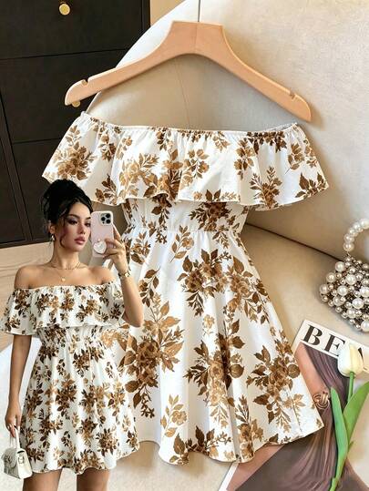 Elenzga Đầm nữ đi nghỉ mát in họa tiết cây cỏ, trễ vai, xếp ly.