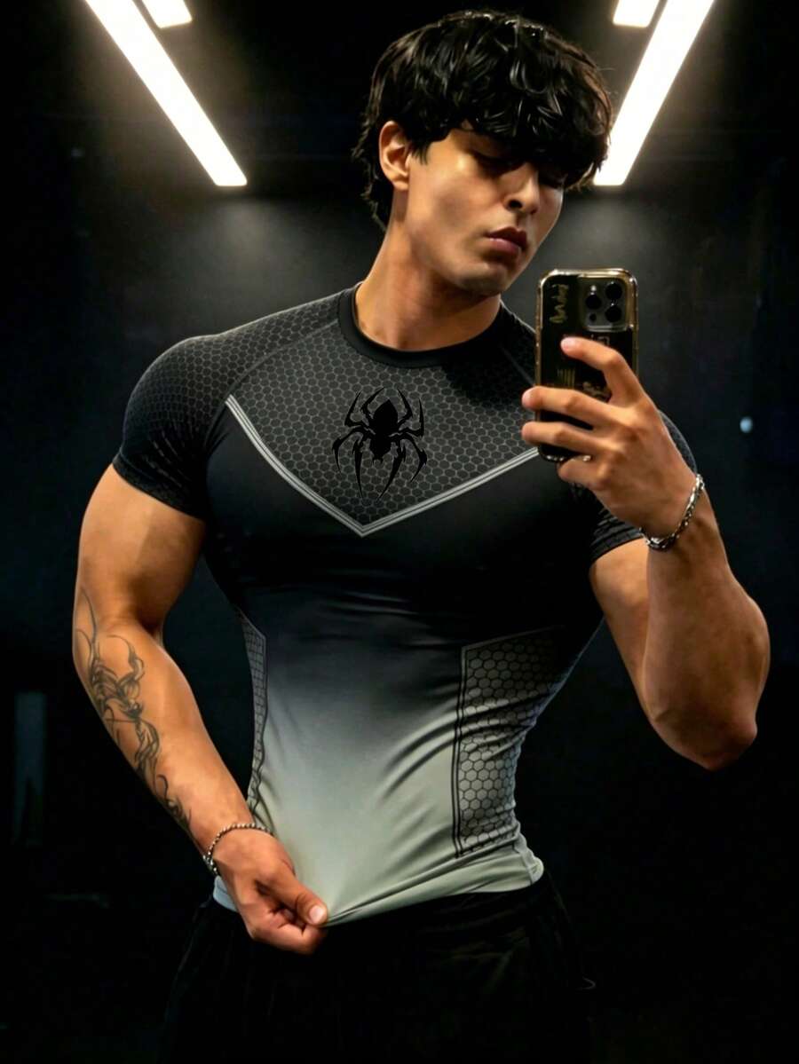 GymBeat 男士漸層印花修身短袖運動健身T恤 - 彩色 - 查看 1