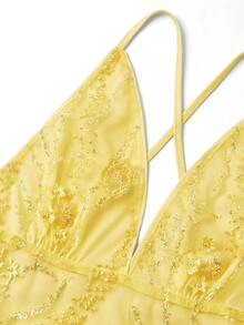 Gownix Débardeur sexy à détails de sequins floraux pour femmes - Jaune citron - Voir 3