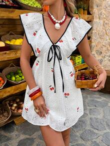 Flora Isola Flora Isola Standard Size Women's Spring/Summer Contrast Color Tie Waist Textured Fabric Cherry Print A-Line Dress - Multicolor - View 3