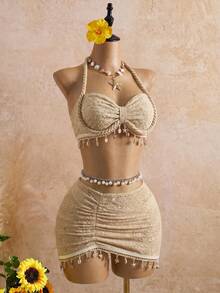 Bellisia Model Terbaru Pakaian Renang Wanita dengan Tali Halter Model Tali Kepang, Pakaian Pantai dengan Aksesoris Laut, Set 3 Potong Baju Renang Warna Beige untuk Musim Semi, Musim Panas, dan Musim Gugur - Khaki - View 3