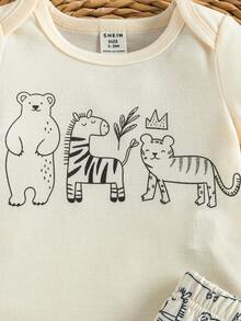 SHEIN Playful Pals Bộ bodysuit trẻ em 0-3 tuổi cho bé trai/bé gái, màu đen trắng, họa tiết in đường nét động vật, phong cách casual dễ thương, dáng rộng, đồ gia đình đồng bộ, quần áo đi chơi mùa hè - Màu be - Xem 6