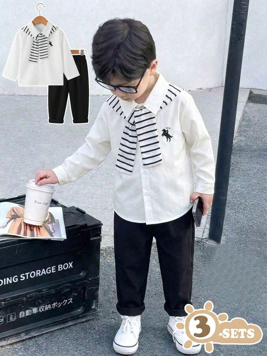 SHEIN 3件組男孩休閒條紋披肩領長袖白色襯衫與黑色長褲套裝,返校日職業日夏季寬鬆舒適版型 - 彩色 - 查看 1