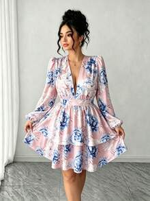 Elenzga Plus Size Women Floral V-Neck Puff Sleeve Double Ruffle Hem Dress - Dusty Pink - View 4