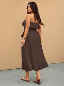 Elaquor Robe de vacances sans bretelles à volants et couleur unie pour femmes grandes tailles - Marron - Voir 2