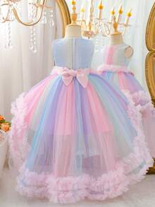 Glamorique Kids 女童彩色漸層拖尾公主裙 時尚可愛嬰兒生日蓬蓬紗裙 童裝彩虹洋裝 秋季款 - 粉色 - 查看 3