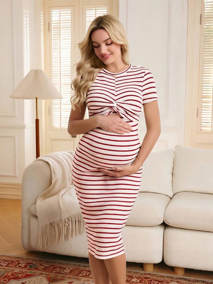 GentleRue Maternity 女士舒适休闲短袖哺乳连衣裙 - 紅色 - 查看 1