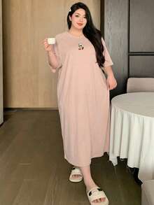 Dazy Plus Plus Size Cartoon Pattern Loose Long T-Shirt Style Nightgown, All Season Summer - Pink - View 5