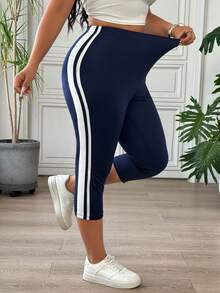 SHEIN EZwear 大码撞色条纹高腰修身打底裤 - 藍色 - 查看 1