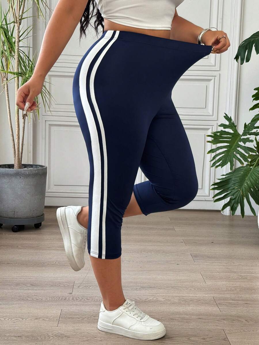 SHEIN EZwear 大码撞色条纹高腰修身打底裤 - 藍色 - 查看 1