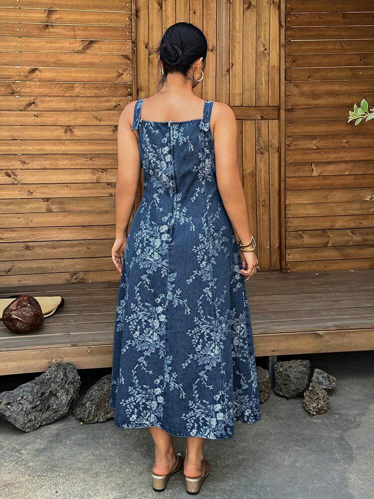 Dazy Plus Sleeveless Denim Dress, Square Neck Waist Cinched Design, Plus Size, Spring/Summer