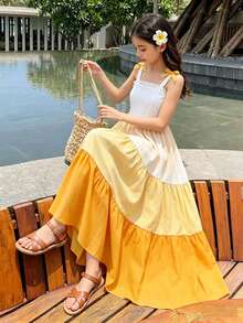 Girls'white And Yellow Summer Cute Strap Dress,Woven Patchwork Layered Design,Decorative Bow Accent,Elegant Color Blocking,Vacation Holiday Wear - Multicolor - View 3