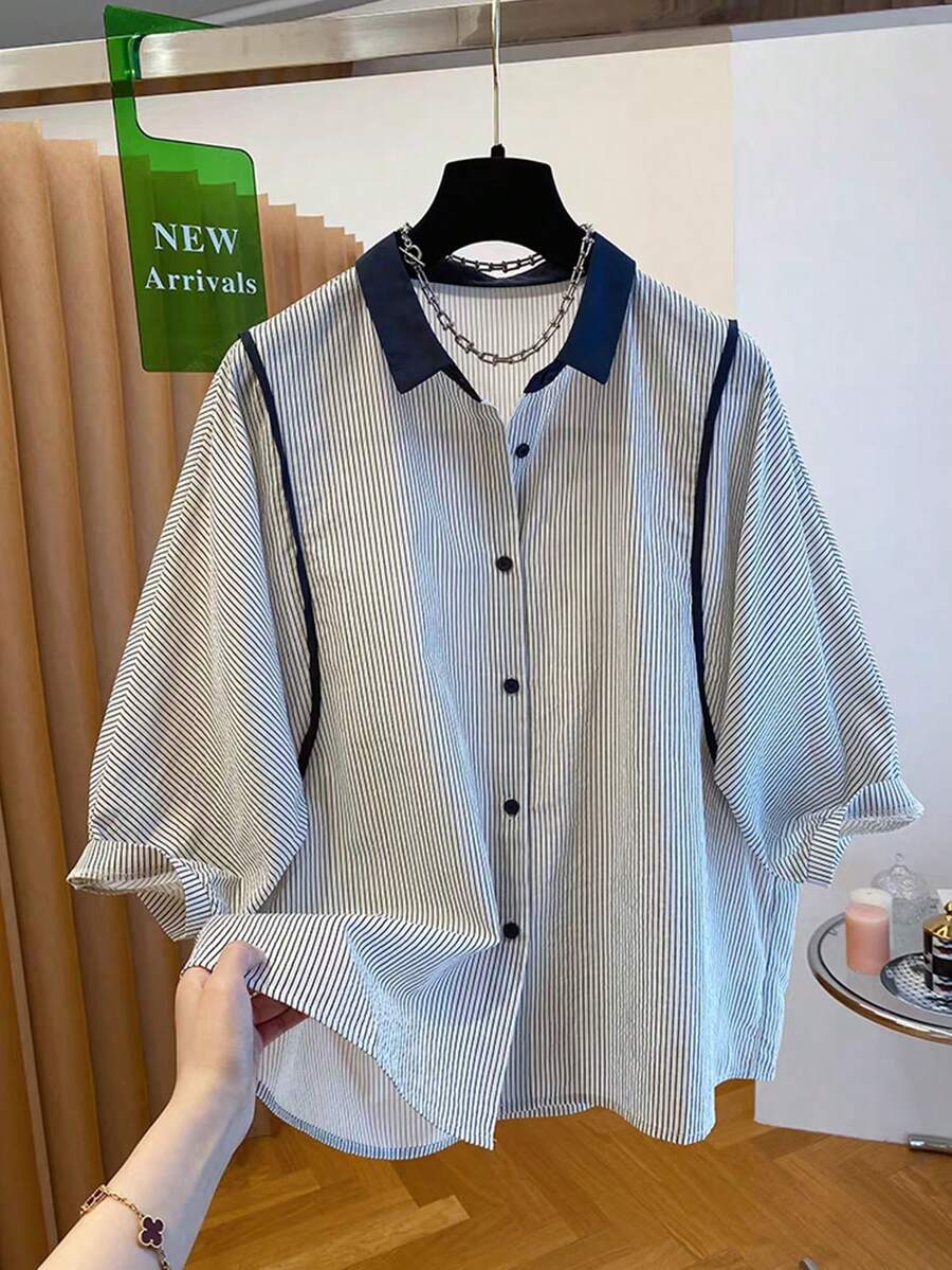 Resyla 女士休闲通勤条纹衬衫,春夏款 - 彩色 - 查看 1