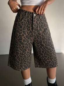 DAZY Women's Casual Leopard Print Wide Leg Denim Shorts, Summer - Coffee Brown - View 5