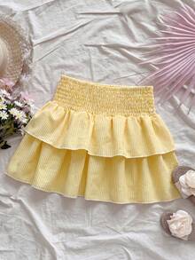 SHEIN Chân váy xếp ly kẻ sọc cho bé gái tuổi teen, kiểu dáng thường ngày, đa năng, thích hợp cho hẹn hò và đi chơi. - Màu vàng - Xem 5