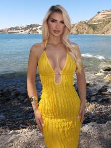 Luzma Cabello Luzma Cabello Vestido largo de verano para mujer, amarillo, sexy, con escote profundo en V, tela con flecos amarillos, diseño decorativo con cuentas de ámbar, elegante - Amarillo - Ver 4