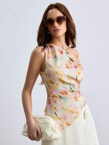 CielaLinda Women's One-Shoulder Asymmetric Hem Satin Floral Printed Top - Multicolor - View 6