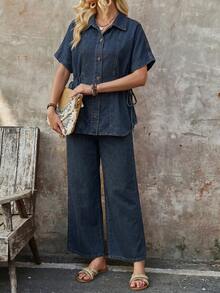 EMERY ROSE EMERY ROSE Women's Vacation Casual Streetwear Drawstring Waist Top And Jeans Pants Set Short Sleeve Shirt + Relaxed Wide Leg Cropped Pants Night Dark Blue - Blue - View 8