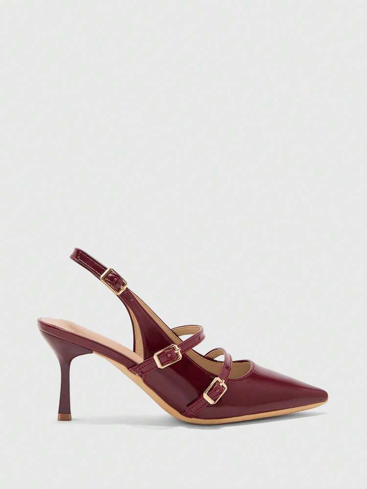 CUCCOO BIZCHIC Women Shoes Pointed Stitch Heel Burgundy Back Empty Strap Women's Fashion Sexy Four Seasons Commuter Women's Shoes Banquet Party Work Women's Shoes