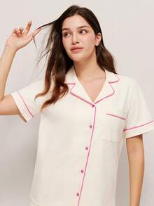 LUVLETTE Soft 100% Pure Cotton Contrast Trim Short-Sleeve Basic Button-Up Top & Pants Loungewear Pajama Set - Beige - View 9
