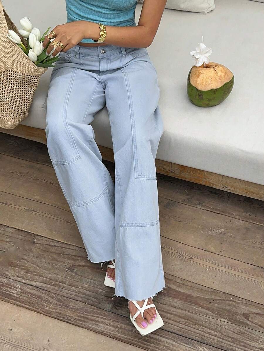 Sunnyshic Quần jeans ống đứng thời trang, đa năng dành cho nữ, có túi và cúc cài. - Rửa nhẹ - Xem 1