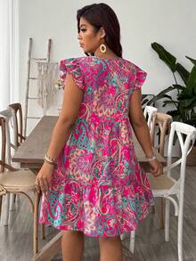 SHEIN VCAY Plus Size Round Neck Ruffle Hem Tropical Vintage Print Fashion Casual Dress, Beach Dress Sundress, Holiday Boho Outfits - Hot Pink - View 2