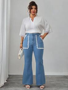 EMERY ROSE Summer Casual Elegant Chic Distressed Wide Leg Light Blue Lace Trim Flare Stretch Denim Daily Wear Going Out Plus Size Women's Elegant Stretch Jeans - Light Wash - View 6