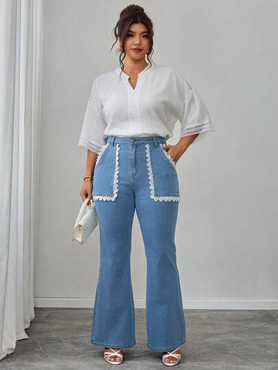 Elenzga Summer Casual Plus Size Wide Leg Jeans Light Blue Distressed Lace Trim Flare Denim Daily Wear Plus Size Women's Elegant Stretch Jeans