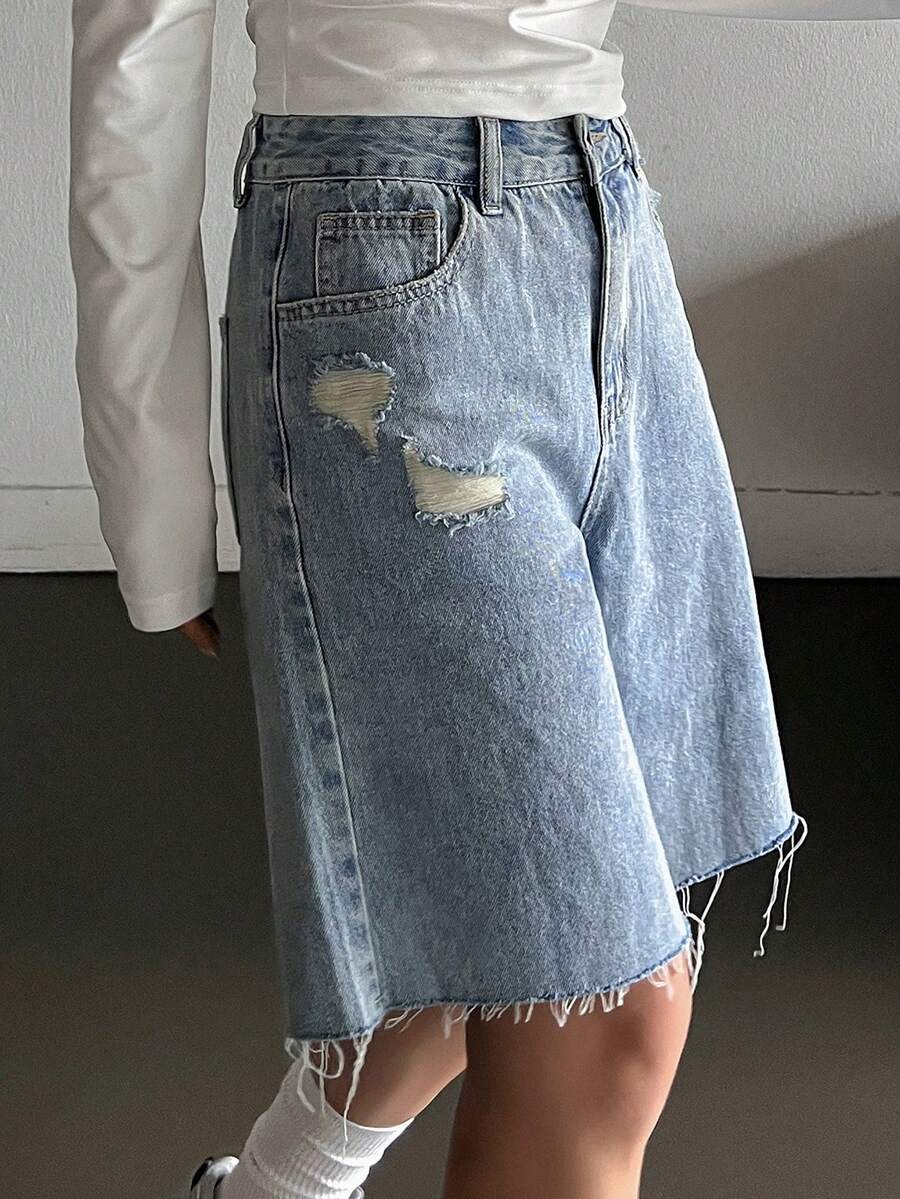 Livesso Tall 女款夏季破洞毛邊休閒牛仔短褲,適合高個女性 - 淺色水洗藍 - 查看 1