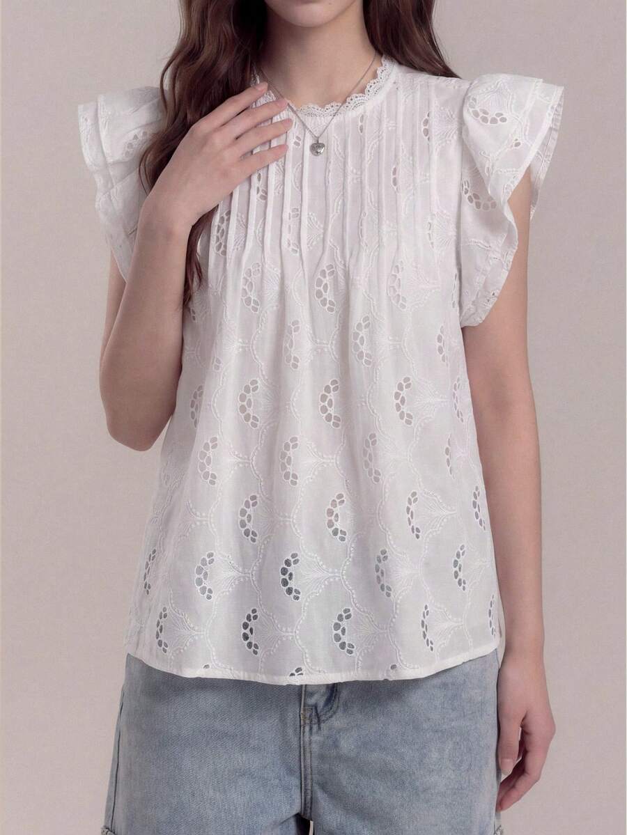 SHEIN Unity Summer New White Ruffle Trim Hollow Embroidered Striped Blouse, Elegant Sexy Vintage College Style Office Golf Commute Wear For Graduation Ceremony - White - View 1