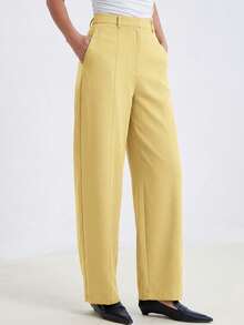 Aveloria Modichic Pantalones de pierna acampanada y cintura alta, con confección a medida, estilo minimalista moderno, adecuados para el lugar de trabajo, negocios y ocasiones casuales, diseño clásico de pierna recta, con bolsillos laterales, tela resistente de mezcla de poliéster o lana, buen drapeado y comodidad. Palabras clave: Pantalones de cintura alta, corte holgado, pierna recta, pantalones de trabajo, pantalones de traje negro, pantalones de vestir casual, para todas las estaciones, minimalista moderno, esencial de oficina. Pantalones de cintura alta minimalistas, silueta estilizada, aspecto elegante. - Amarillo - Ver 4