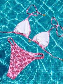Swim Mod 2件套女士沙滩装，时尚可爱性感度假海边泳池派对随机碎花露背系带吊带上衣和褶皱比基尼泳裤 - 彩色 - 查看 2