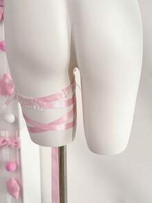 SHEIN Lace Patchwork Bow Leg Garter - Pink - View 8