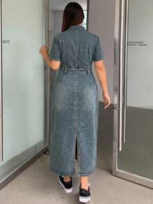 Dazy Plus Plus Size Dark Wash Blue Short Sleeve Fitted Maxi Denim Dress, Summer Denim Apparel Sun Dresses For Women - Medium Wash - View 5