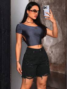 SHEIN Tall 女款休閒破洞牛仔短褲，夏季，高個女性 - 黑色 - 查看 6