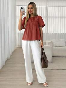 Easowa Women's Solid Color Round Neck Short Sleeve Pleated Casual Shirt,Summer Top - Red - View 4