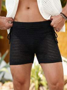 Manfinity Swimmode Men's Black Solid Hollow Mesh Drawstring Waist Casual Shorts,Summer Holiday Basic Beach Swimtrunks,Matching Swimwear Couple Set For Men And Women - Black - View 2
