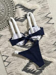 Swim Mod Minimalist Ribbed Fabric Crinkle Strap Underwire Flat Chest Swimwear Top With Ruched Side Triangle Bottoms 2 Pieces Set - Multicolor - View 3