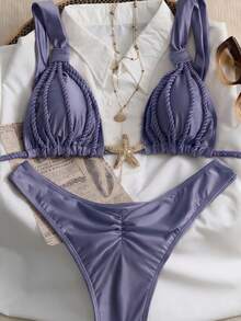 Swim Chiccia 女款 2 件組浪漫熱帶復古性感優雅海灘派對度假/約會套裝，粗肩帶，抓皺設計，藍色調，夏季泳裝 - 紫色 - 查看 4