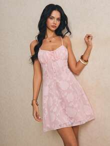 Poéselle Women's Elegant Cutout Ruffle Front Tie Strap Short Dress, Summer - Pink - View 7