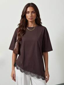 SHEIN Tall Áo thun nữ viền ren mới mùa xuân/hè - màu nâu - Xem 5