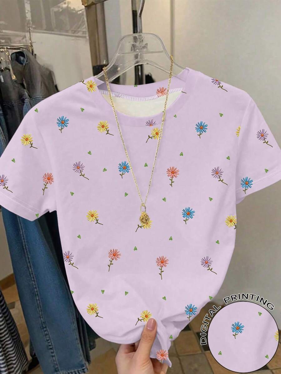 少女休闲清新雏菊碎花短袖圆领紫色T恤,适合夏季日常穿着和外出活动 - 紫色 - 查看 1
