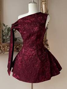 Elegantes romantisches Mode Burgunderrotes Jacquard-Gewebe asymmetrisches Reißverschluss A-Linien Kleid, geeignet für Abschlussfeier, Schulöffnung, Musikfestival, Geburtstagsfest, Hochzeit, Nachmittagstee, Tanzparty, Brautkleid, Geschenk - Bordeaux - Übersicht 4