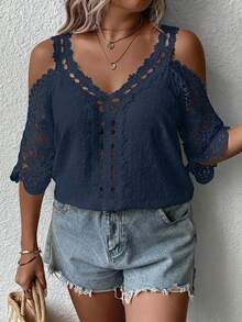 SHEIN Clasi Plus Size Women Solid Color Off-Shoulder Casual Versatile Daily Wear Blouse - Teal Blue - View 3