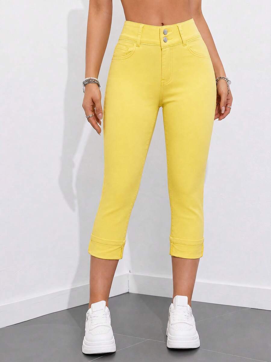 SHEIN Essnce 女款休閒百搭口袋裝飾七分牛仔褲 - 黃色 - 查看 1