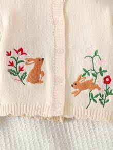 SHEIN Baby Girl Long Sleeve Cardigan Sweater,Beige,Autumn,Cute,Matching Family,Adorable Animal Pattern,Apricot Color,Ribbed Cuffs,Casual Daily & Holiday - Apricot - View 4