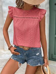 SHEIN Frenchy Women's Vacation Casual Solid Color Flutter Sleeve T-Shirt,Summer Top - Pink - View 6