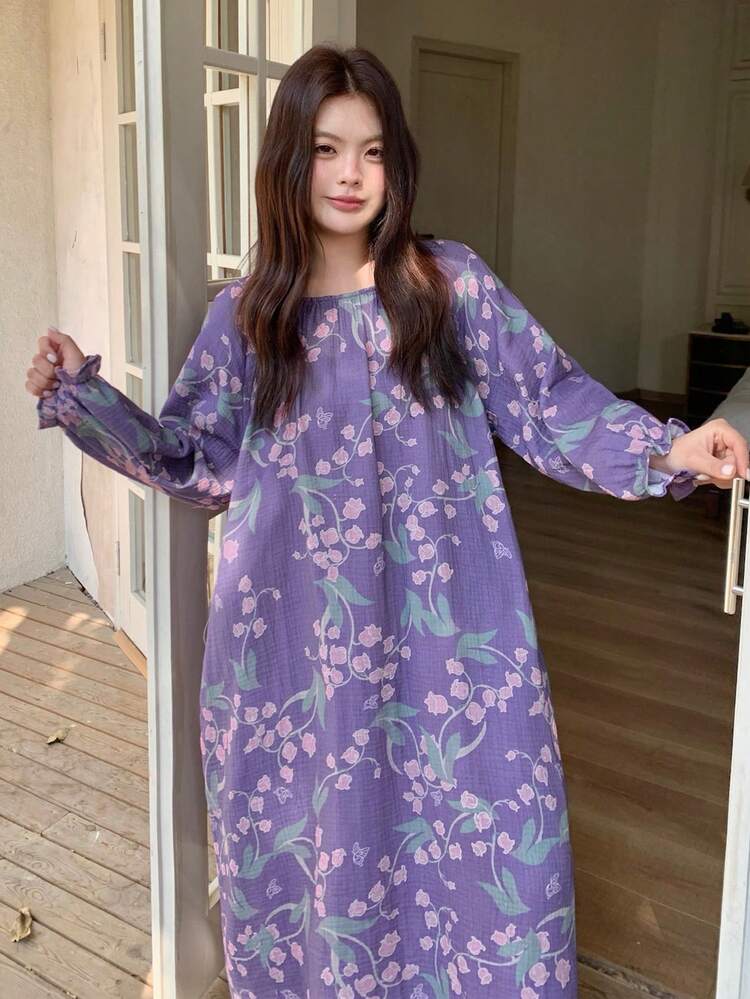 Dazy Plus Floral All-Over Print Loose Fit Scoop Neck Short Sleeve Plus Size Women Spring/Summer Sleepwear Nightgown