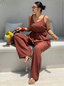 Dazy Plus 2pcs/Set Spaghetti Strap Tie-Waist Top And Casual Loose Pants, Vacation Style, Plus Size - Redwood - View 1